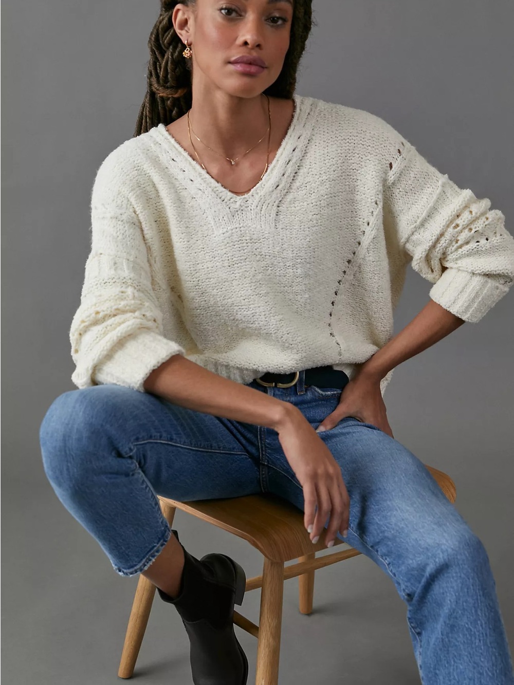 Anthropologie Pilcro Marla V-Neck Open-Stitch Sweater Cotton and Merino Wool